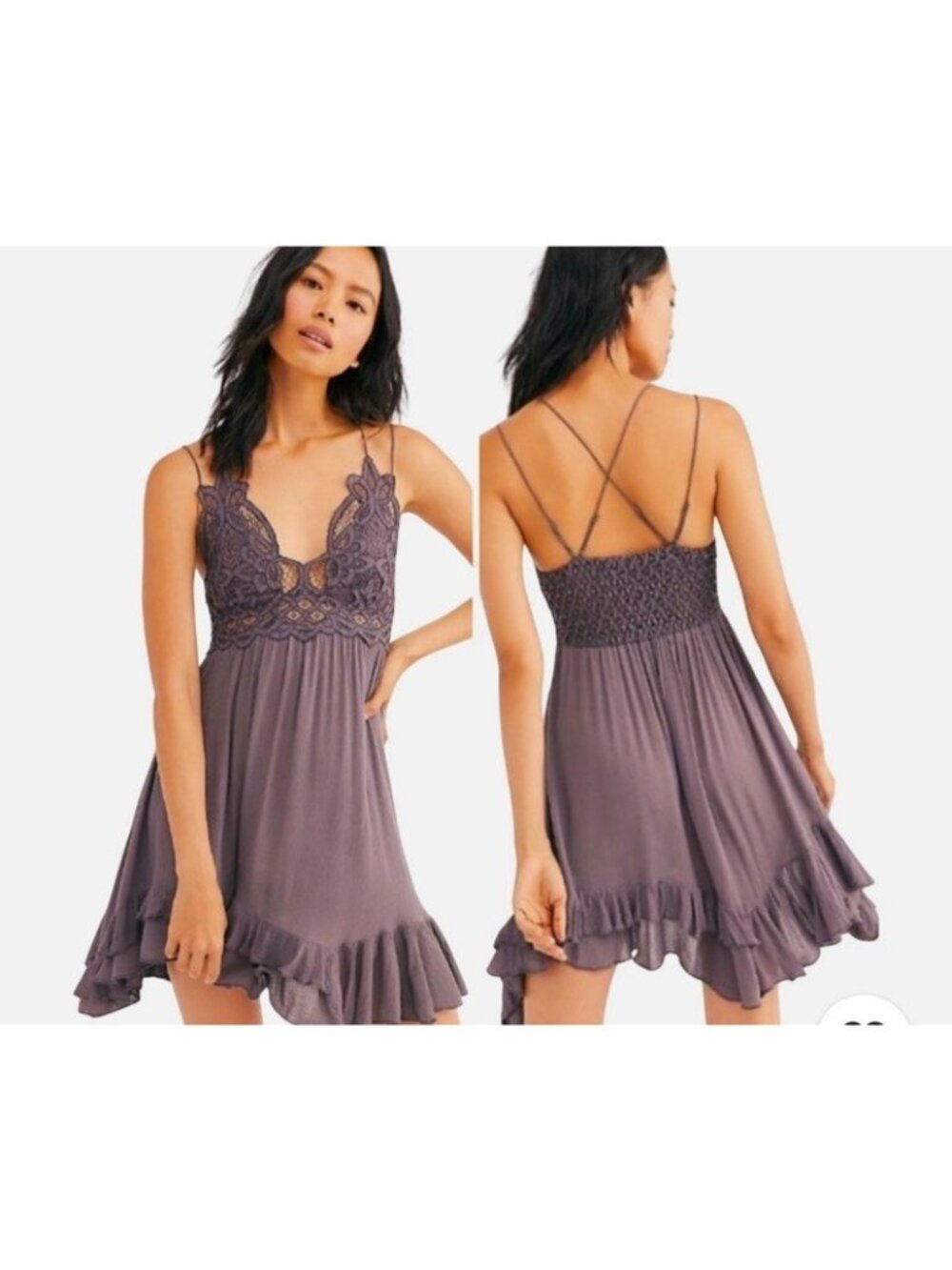 Free People Adella Slip Dress M Gray Crochet Lace Ruffle Boho Mini Fairycore